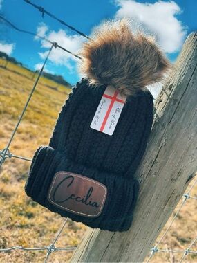 Black Knit Pom Beanie - Kids Unisex, Any name.